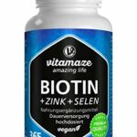 Biotin hochdosiert 10.000 mcg + Selen + Zink für Haarwuchs, Haut & Nägel, 365 vegane Tabletten für 1 Jahr, Nahrungsergänzung ohne Zusatzstoffe, Made in Germany  